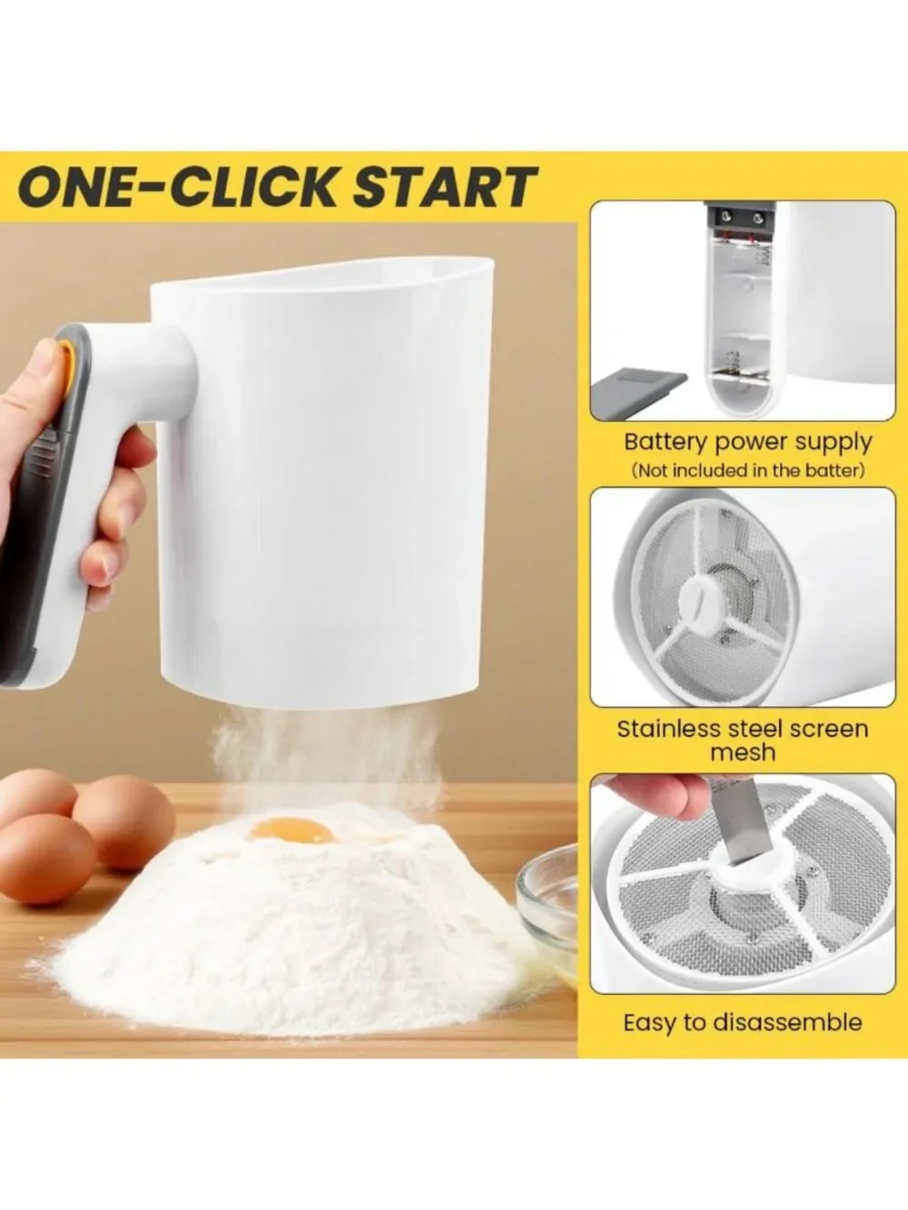 Electric Flour Sifter - Battery Operated, 4 Cup Capacity, One-Hand Operation